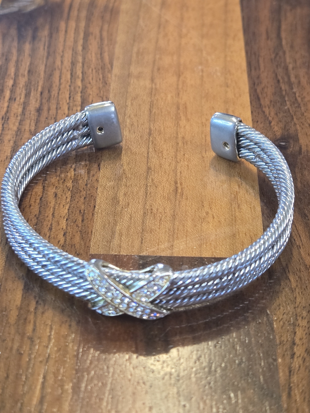 Crossover Cable Cuff Bracelet - Silver Tone with Pavé Crystal X Detail